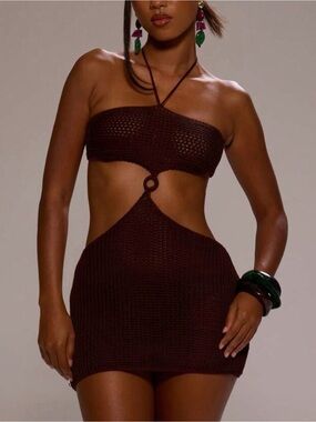 Brown Halter Cutout Crochet Mini Dress